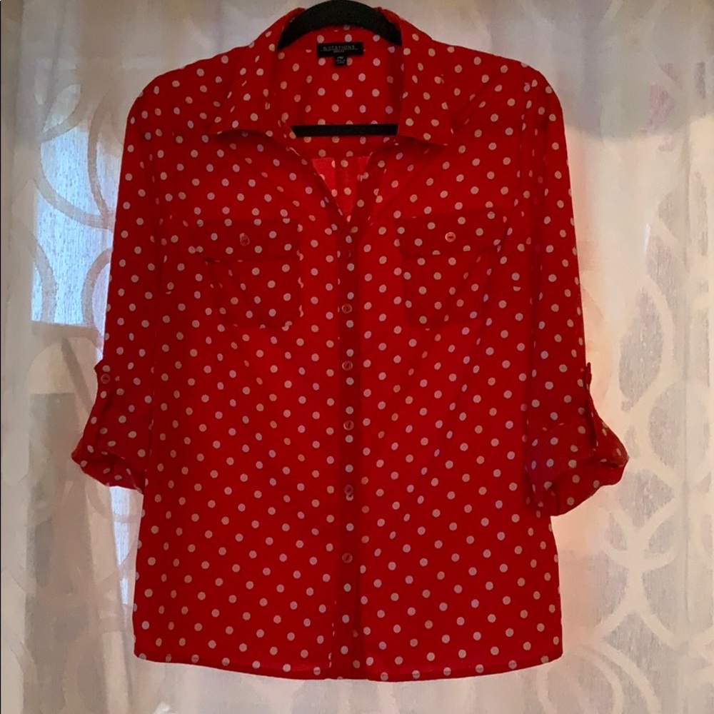 Red and white polka dot button up blouse
